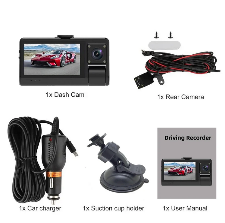 Dash Camera Car FHD Front Inside Rear Dashcam Touch Screen DVR Video Recorder