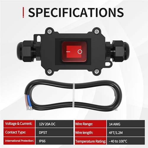 Inline Cord Switch 20A DC Waterproof Inline Switch IP66 Red Lighted 2 12V
