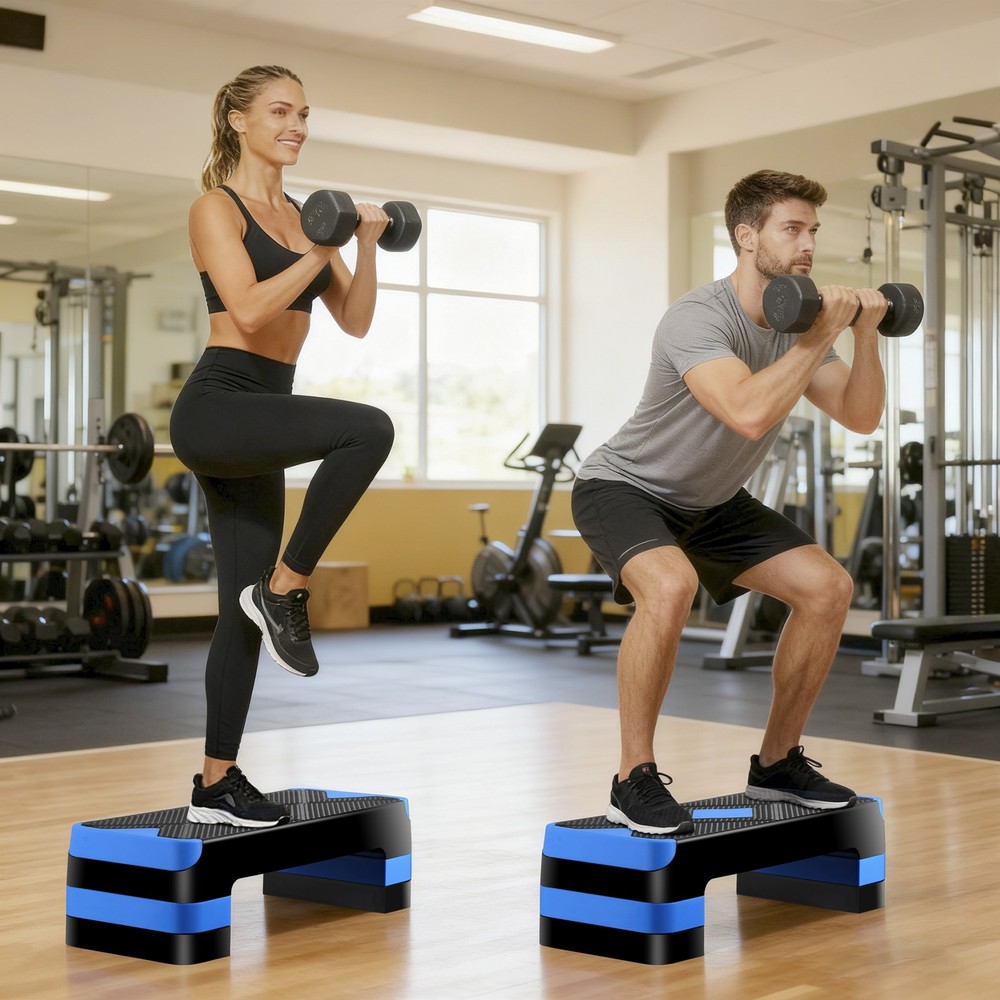 Aerobic Step Platform Exercise Step Adjustable Height 4"-6''-8' w/4 Risers Blue