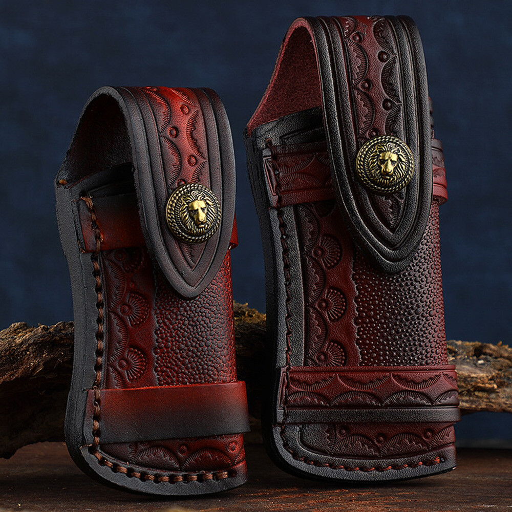 Hand Made Carved Cow Leather Sheath For Folding Knife Cover Pouch Belt Clip US