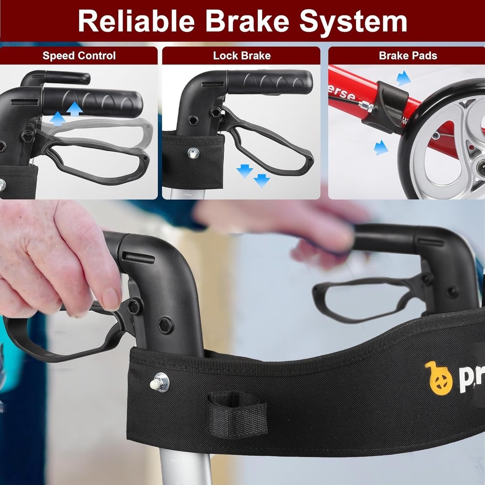 Foldable Rollator Walker with Seat Lightweight Large Wheels Rolling Walker Red