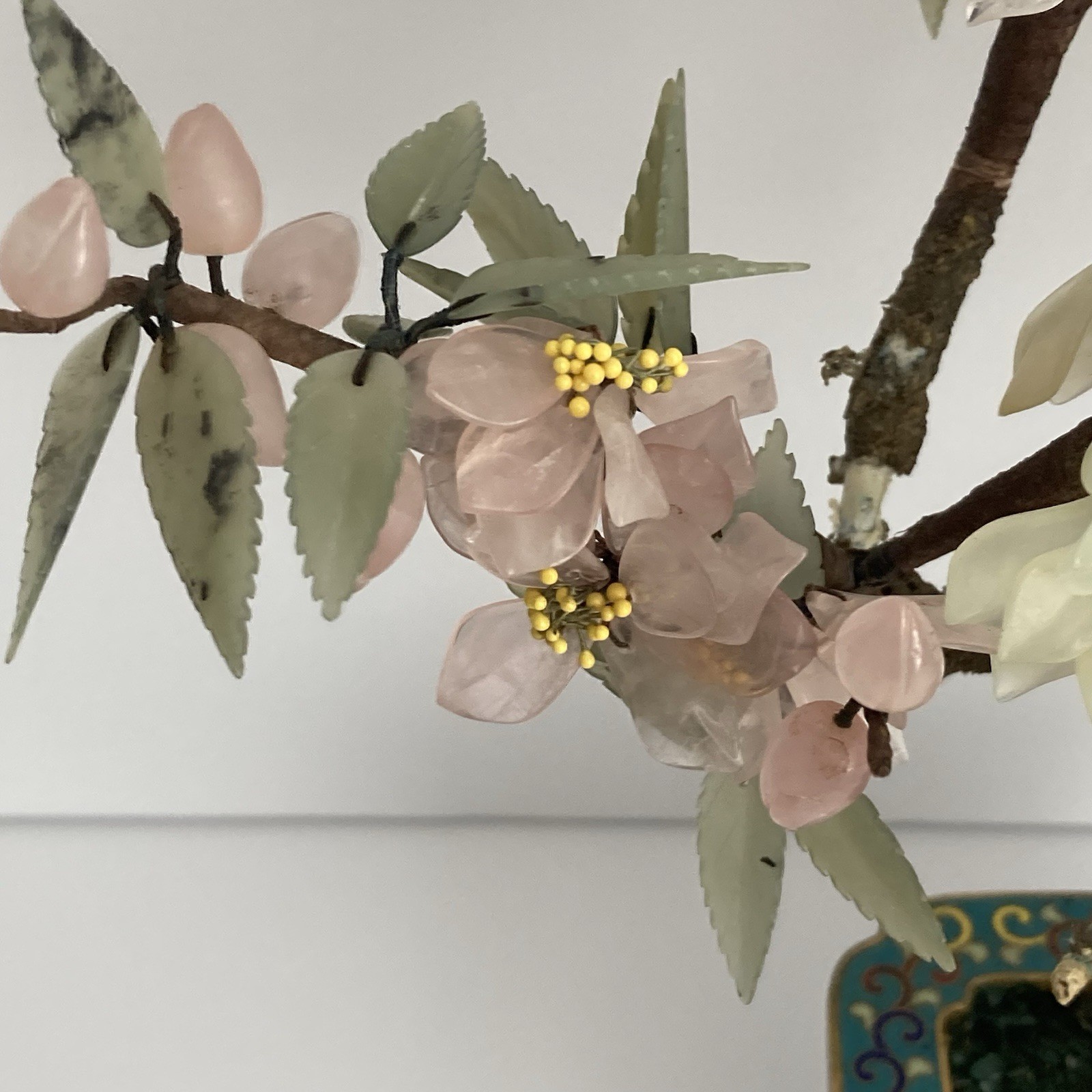 Pair Antique Chinese Jade Bonsai Tree in Cloisonne Pot w Amethyst Carnelian VTG