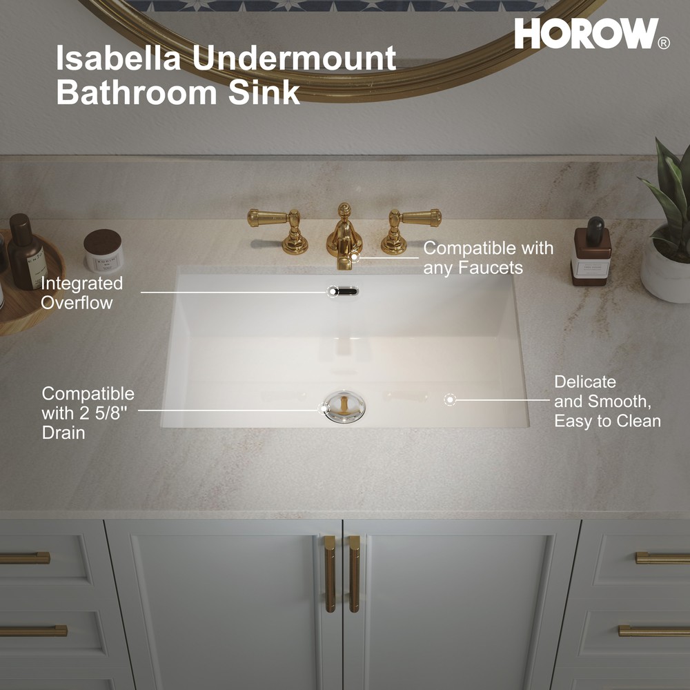 24 Inch Undermount Bathroom Sink Small Rectangle White Ceramic with Overflow