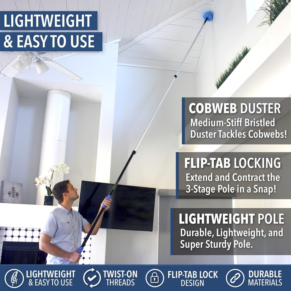 Effortless 3-Stage Cobweb Duster with Telescoping Pole – Hand-Packaged Quality