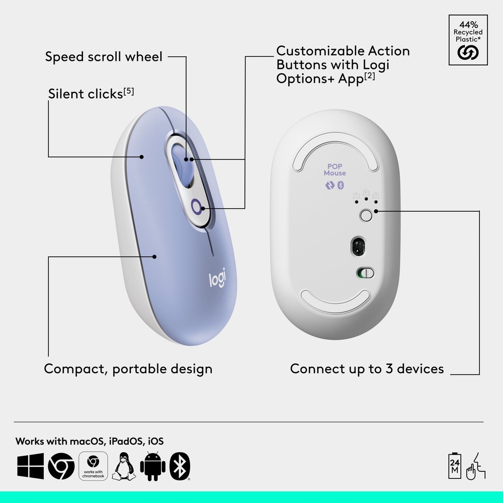 Logitech POP ICON Combo, Bluetooth Keyboard and Mouse Combo - Lilac