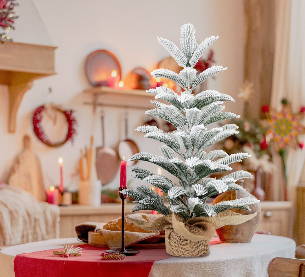 2 ft Flocked Tabletop Artificial Christmas Tree Mini Small Xmas Tree Burlap Base