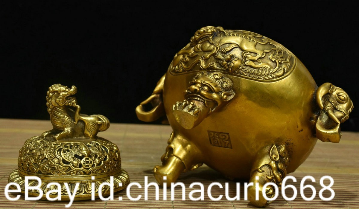 8.8" Marked Old China Copper Carving Dynasty Palace Qilin Elephant Ear Censer