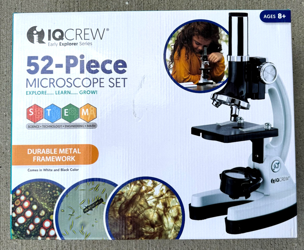 IQCrew 52-Piece Microscope Set with Durable Metal Framework for Students STEM