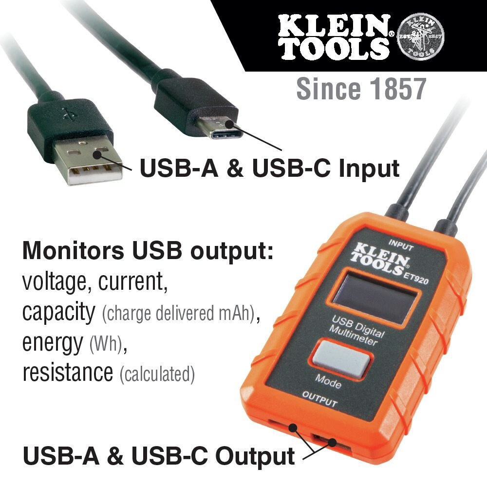 Klein Tools ET920 USB-A and USB-C Digital Meter New