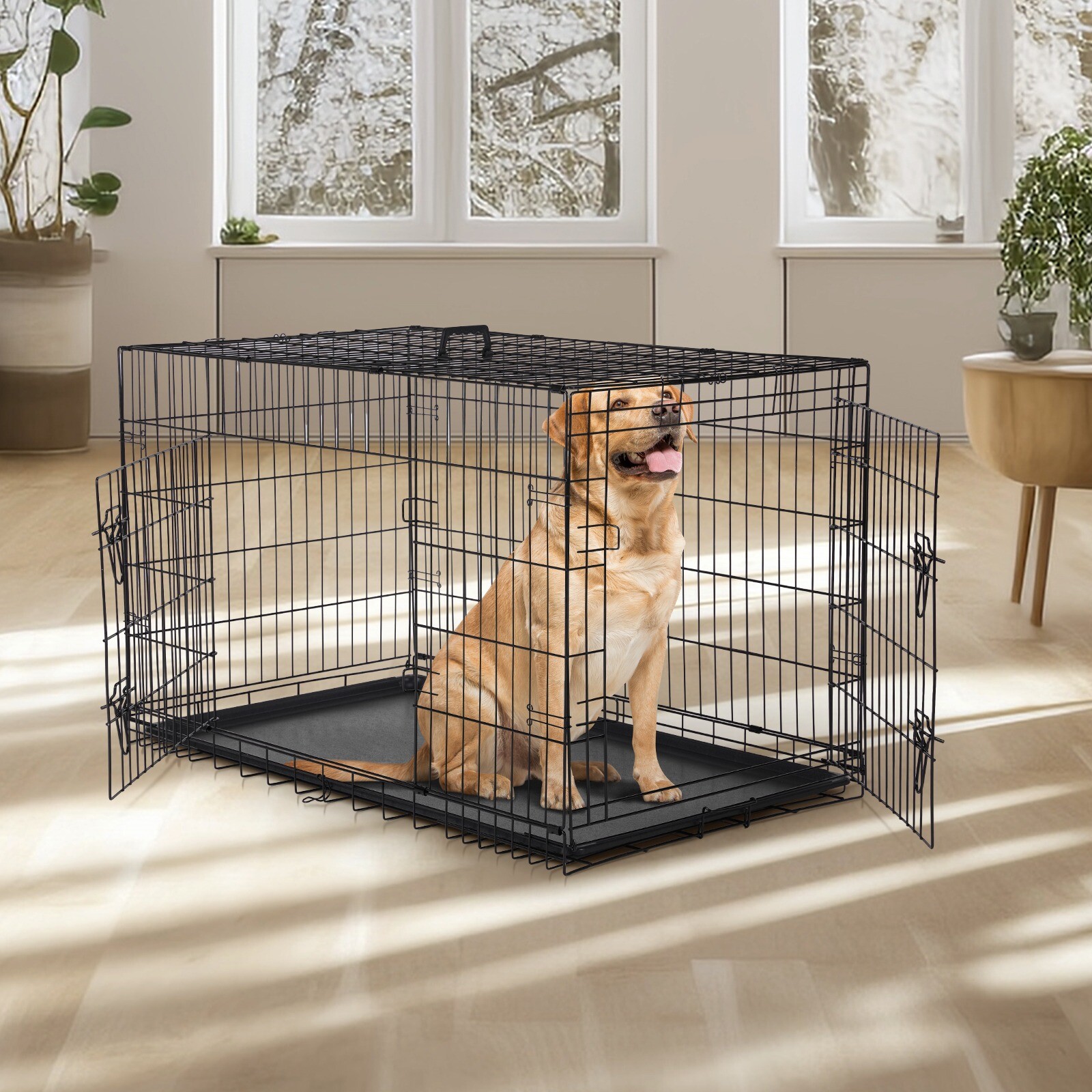 Double Door Dog Crate Pet Cage Removable Tray Divider Panel Wire Metal Kennel
