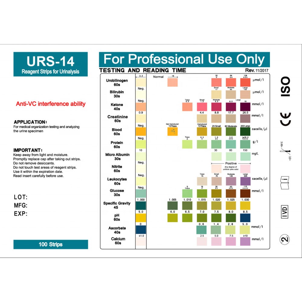 Convenient 100 Strips/Box Accurate Urinalysis 14Parameter Urine PH Test Strips