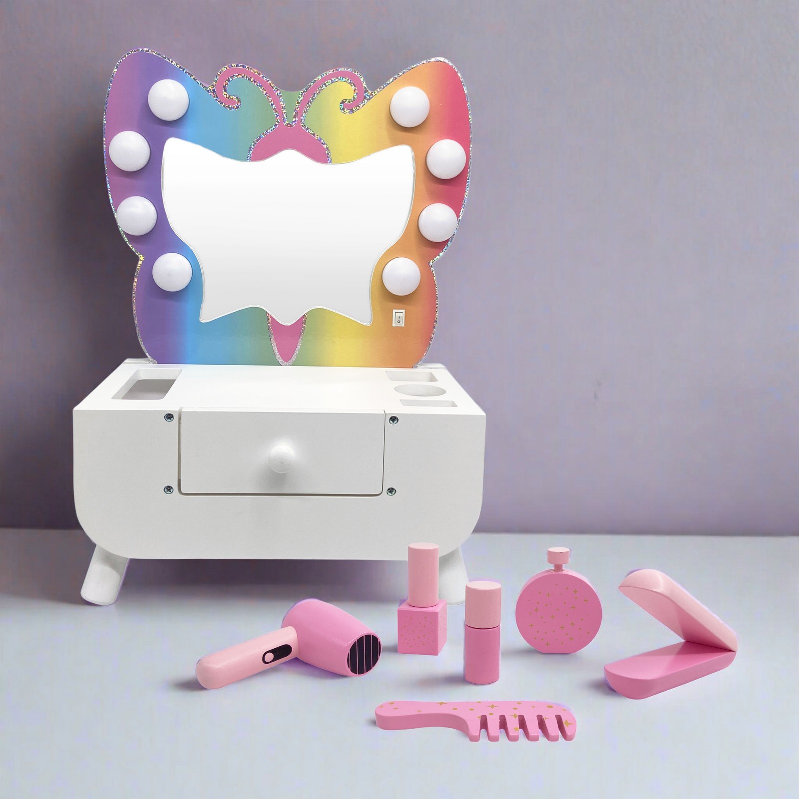 Teamson Kids Colorful Butterfly-Shaped Tabletop Vanity with Illuminated Mirror