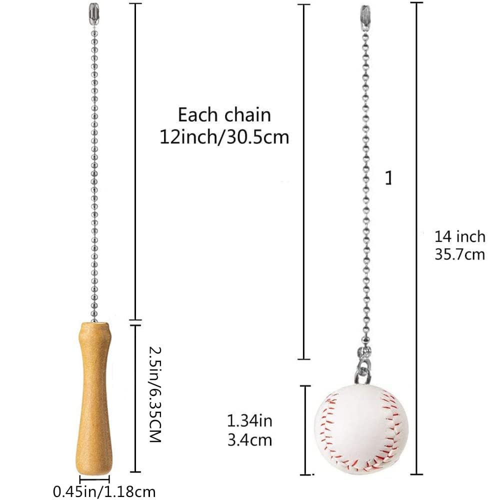 Baseball Bat Ceiling Fan Pull Chain Extender 12in Silver Bead Chain Fan Pulls!