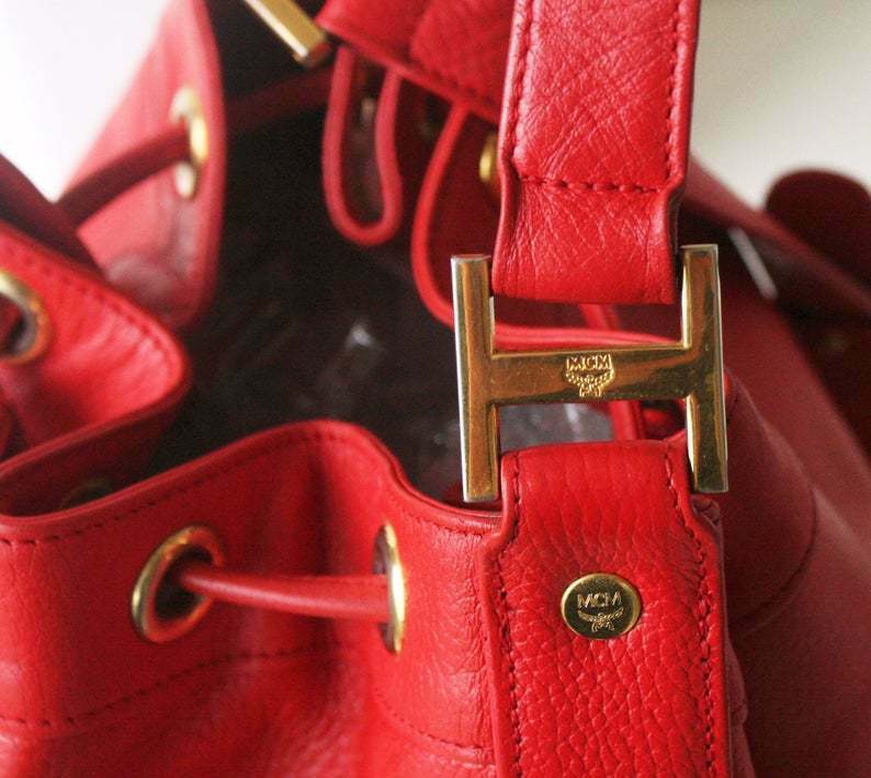 Vintage MCM Leather Drawstring Shoulder Cross handbag Red authentic