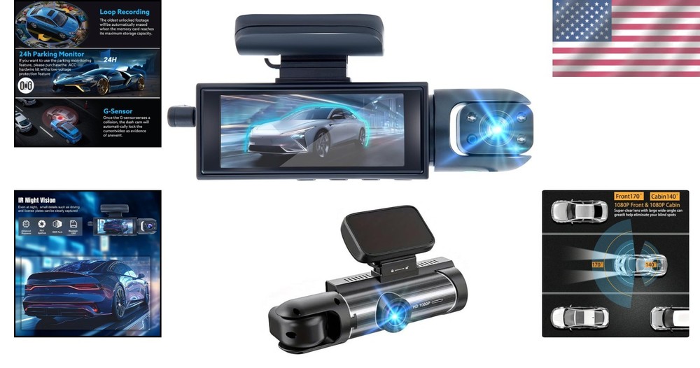 Comprehensive 1080P Front/Inside Dash Camera with Loop Recording & Night Vision