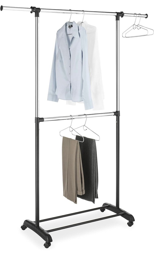 Adjustable 2-Rod Garment Rack Rolling Clothes Organizer Rack