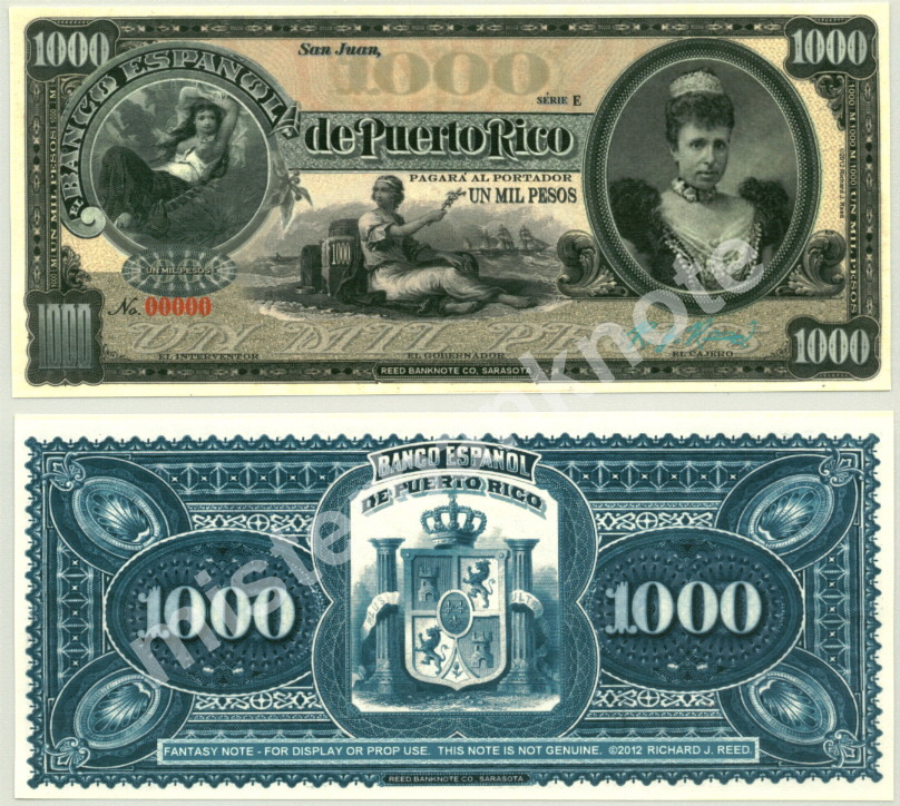 BEAUTIFUL PUERTO RICO 1000 PESO ARTIST-SIGNED FANTASY ART CONCEPT NOTE- REED BN!