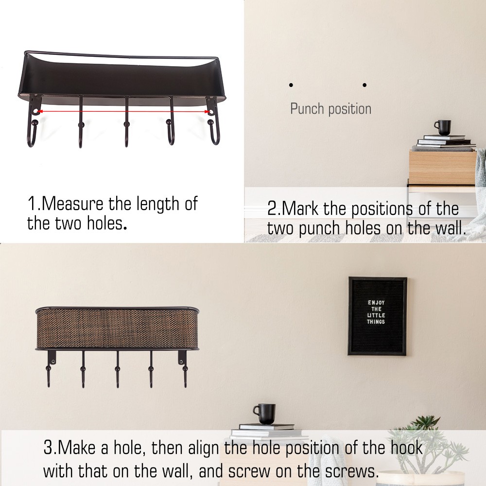 Wall-Mounted Key Holder & Mail Organizer with 5 Hooks - Entryway Storage & Decor