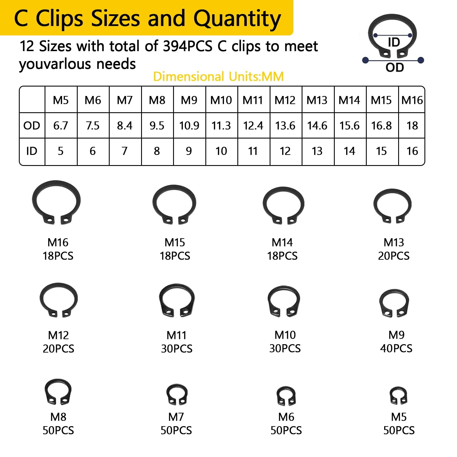 900Pcs C Clips Assortment (M5-M16) and E Black Size:900Pcs