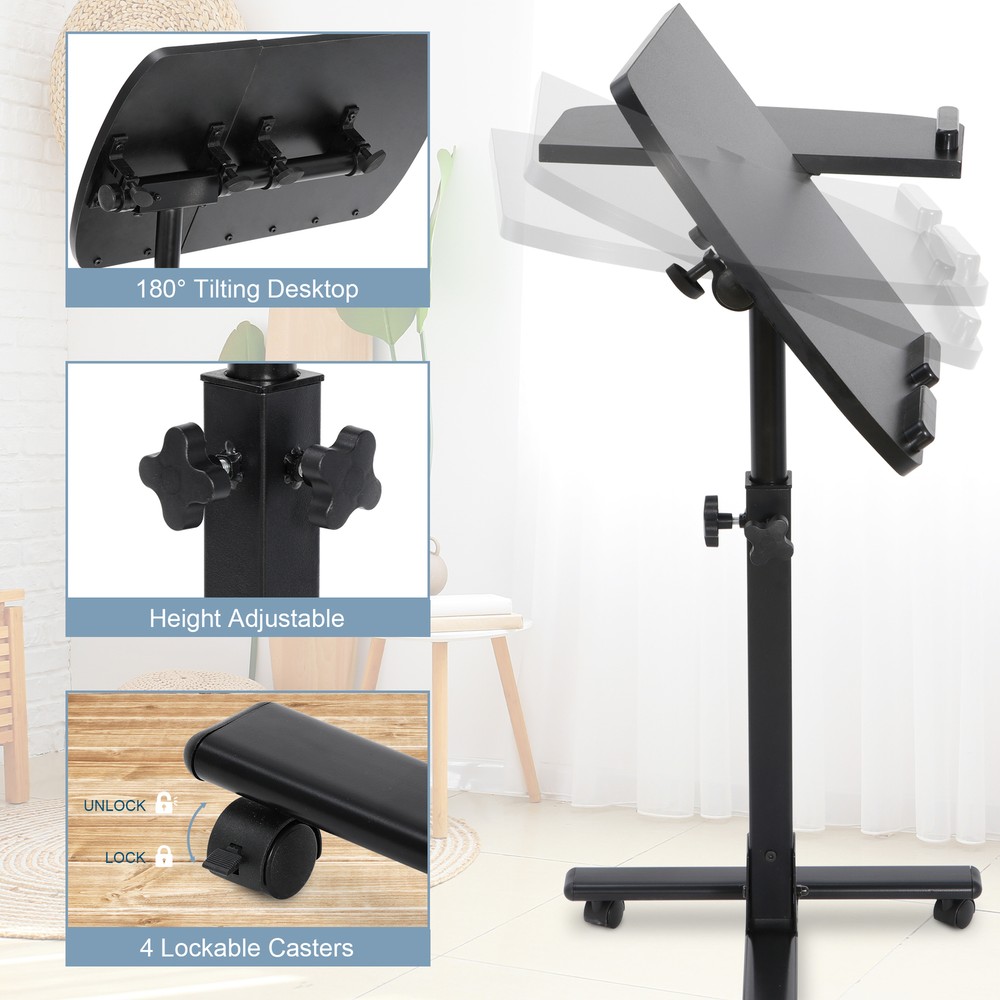 Adjustable Laptop Notebook Rolling Table Desk Stand Tiltable Tabletop W/ Casters