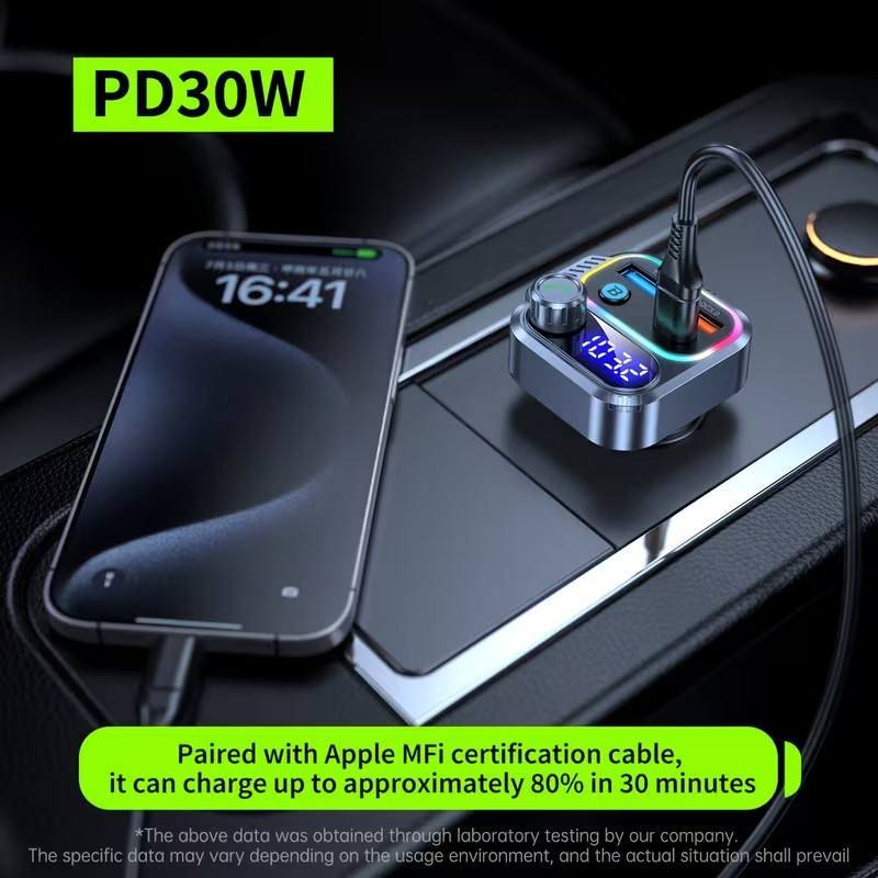 Bluetooth 5.4 FM Transmitter PD 30W USB-C Car Charger QC3.0 Hands-Free HiFi Bass