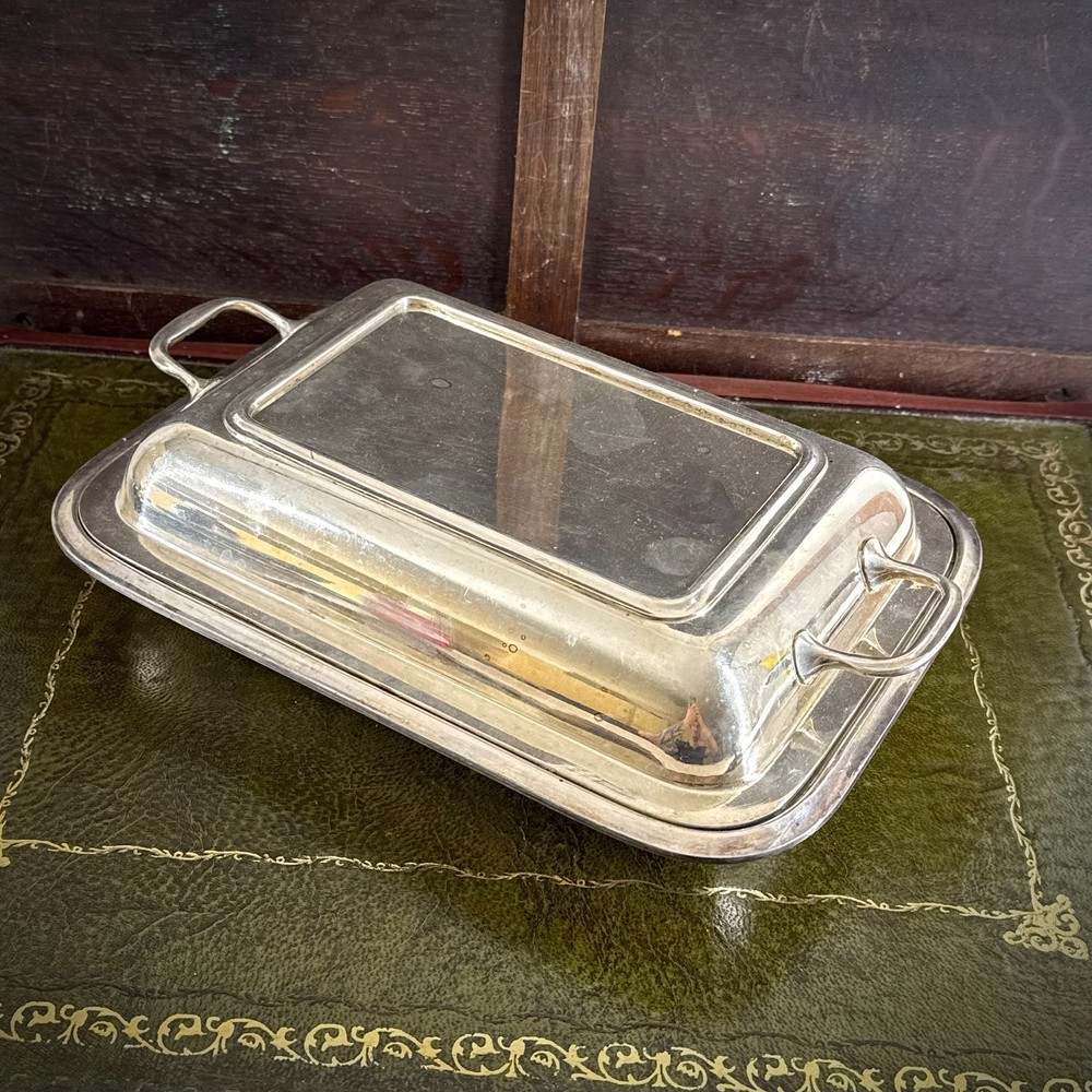 ANTIQUE SILVER PLATED RECTANGULAR ENTREE DISH LIDDED SERVING TUREEN EPNS