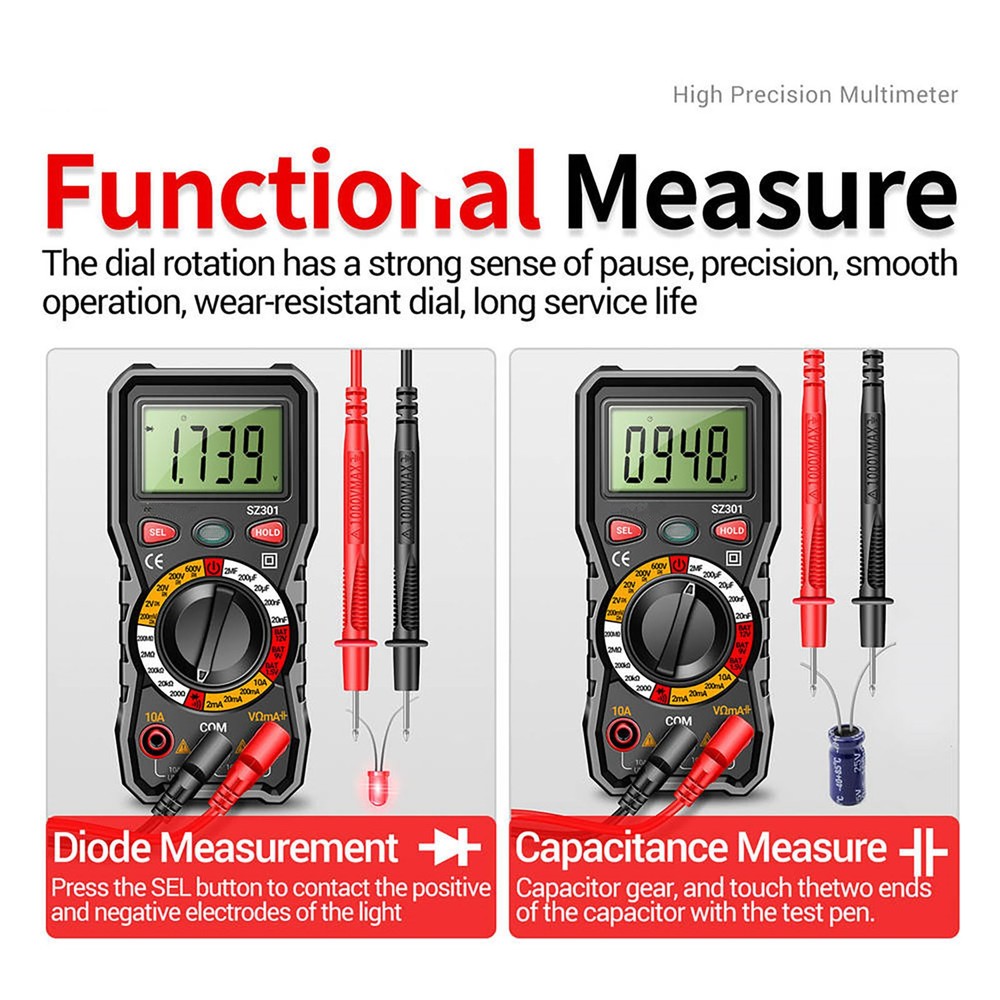 Digital Multimeter Auto-Ranging 600V 10A Measures AC DC Volt Amp Ohm Temp Diode