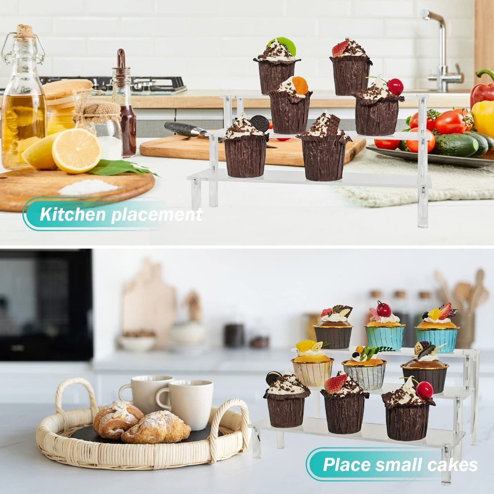 Acrylic Display Risers,Clear Shelf 3 Tier Cupcake Display Stand Steps for Foo...
