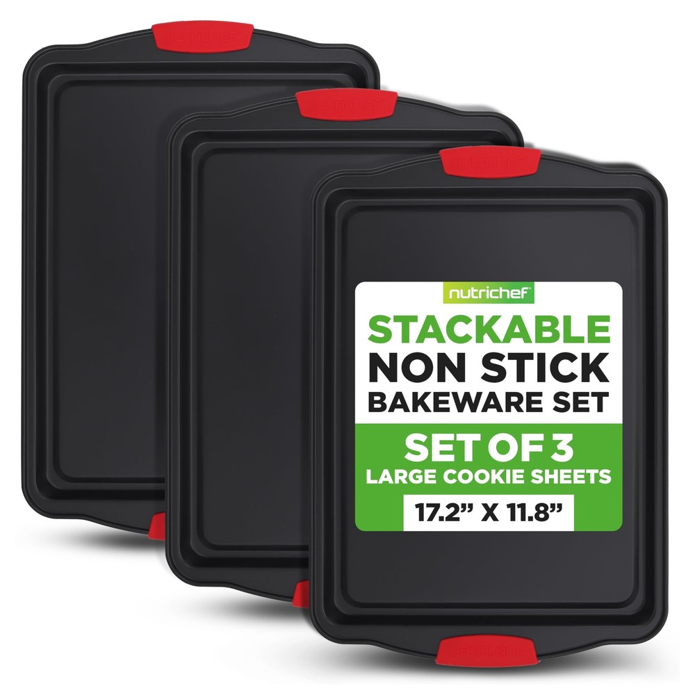 NutriChef 3-Piece Large Nonstick Cookie Sheets for Baking -  Non-Stick Tray Set