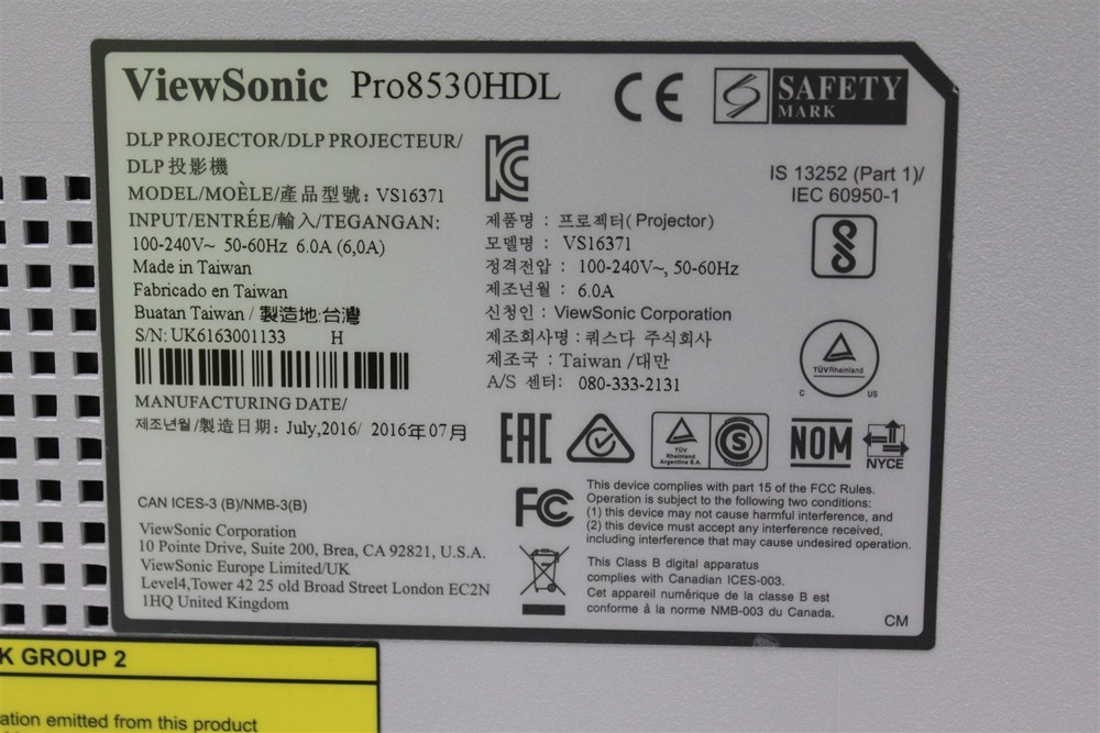 ViewSonic PRO8530HDL projector 182 Lamp Hours