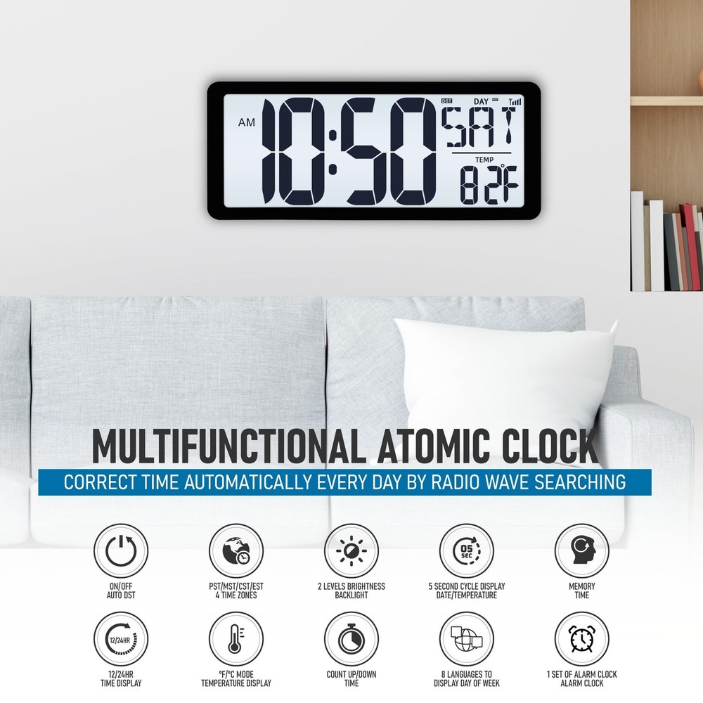 TXL Atomic Clock with Backlight, 14.2" Large Digital Wall Clock Battery Opera...