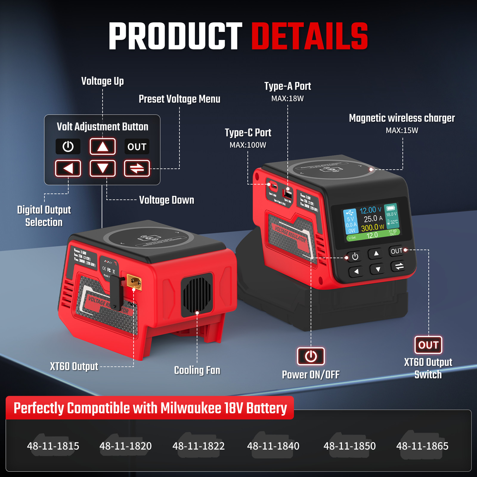 300W Voltage Regulator 2-30V DC Output Compatible with Milwaukee 18V Battery