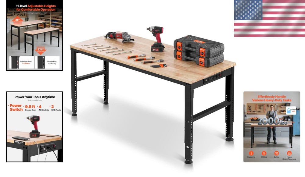 61" Heavy-Duty Adjustable Workbench - 2000 lbs Capacity & Power Outlets