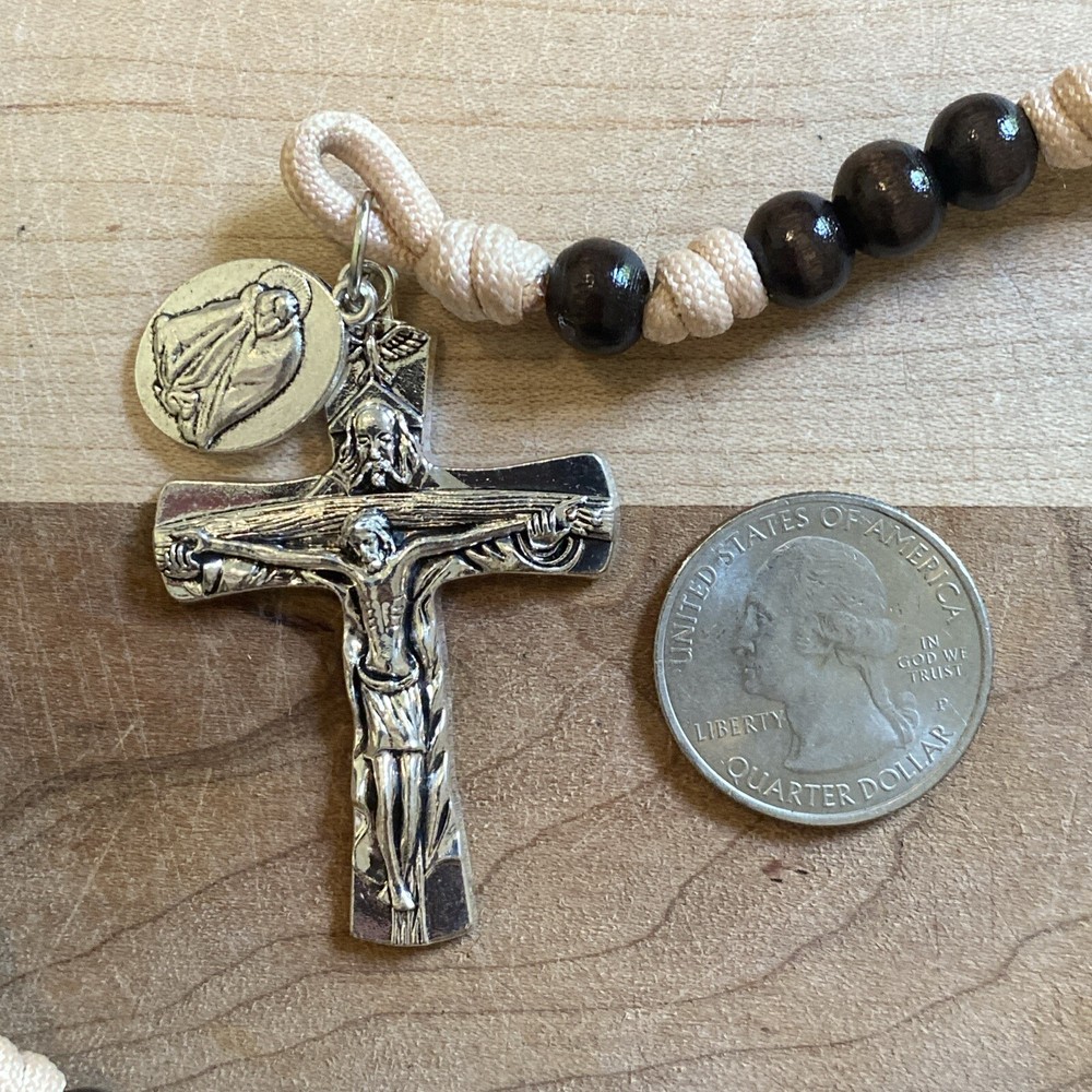 Sleeping Saint Joseph Wood & Cord Rosary 8mm Beads Trinity Crucifix 15.5”
