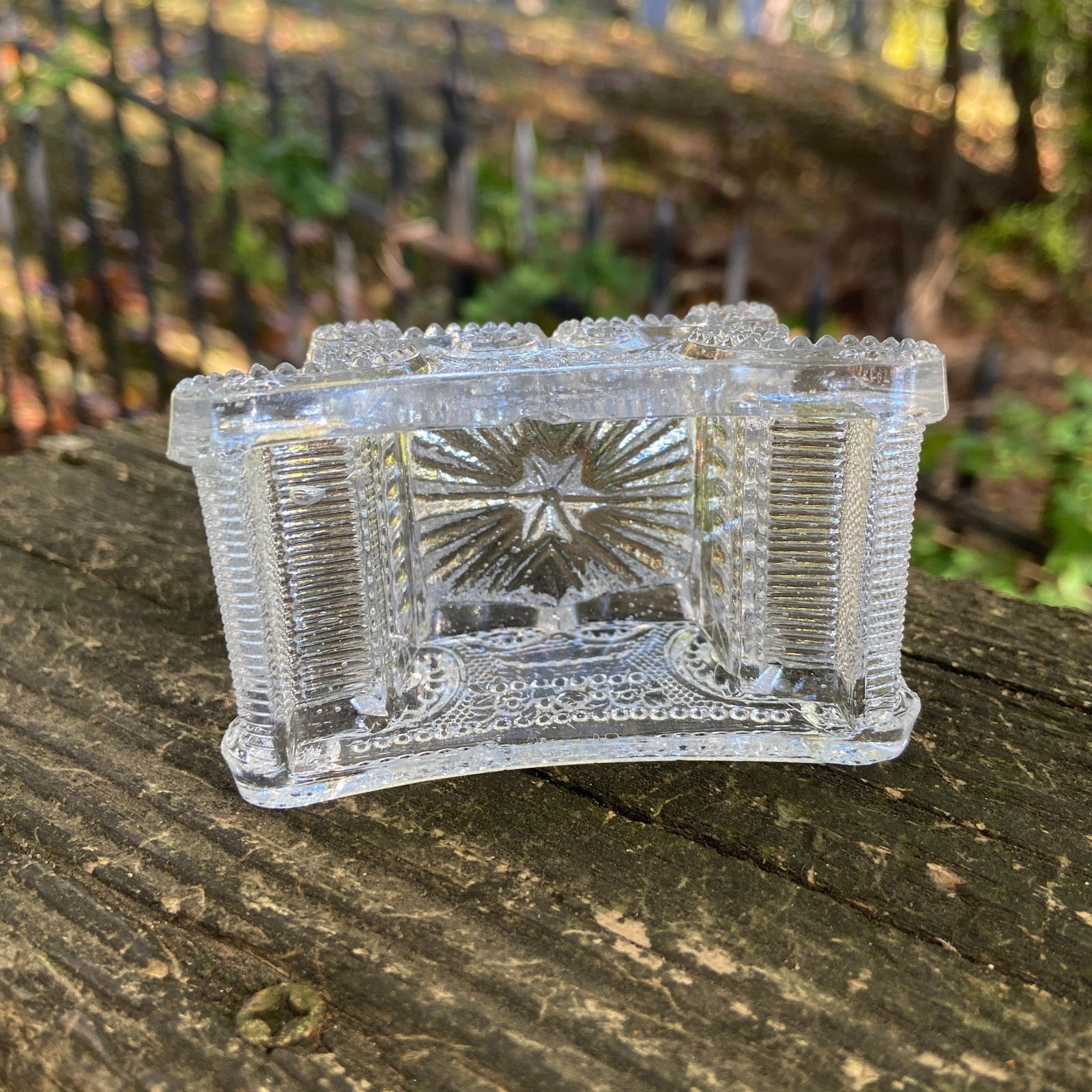 Antique 1830s Lacy Flint Glass Beaded Scroll + Basket of Flowers Open Salt BS-3A