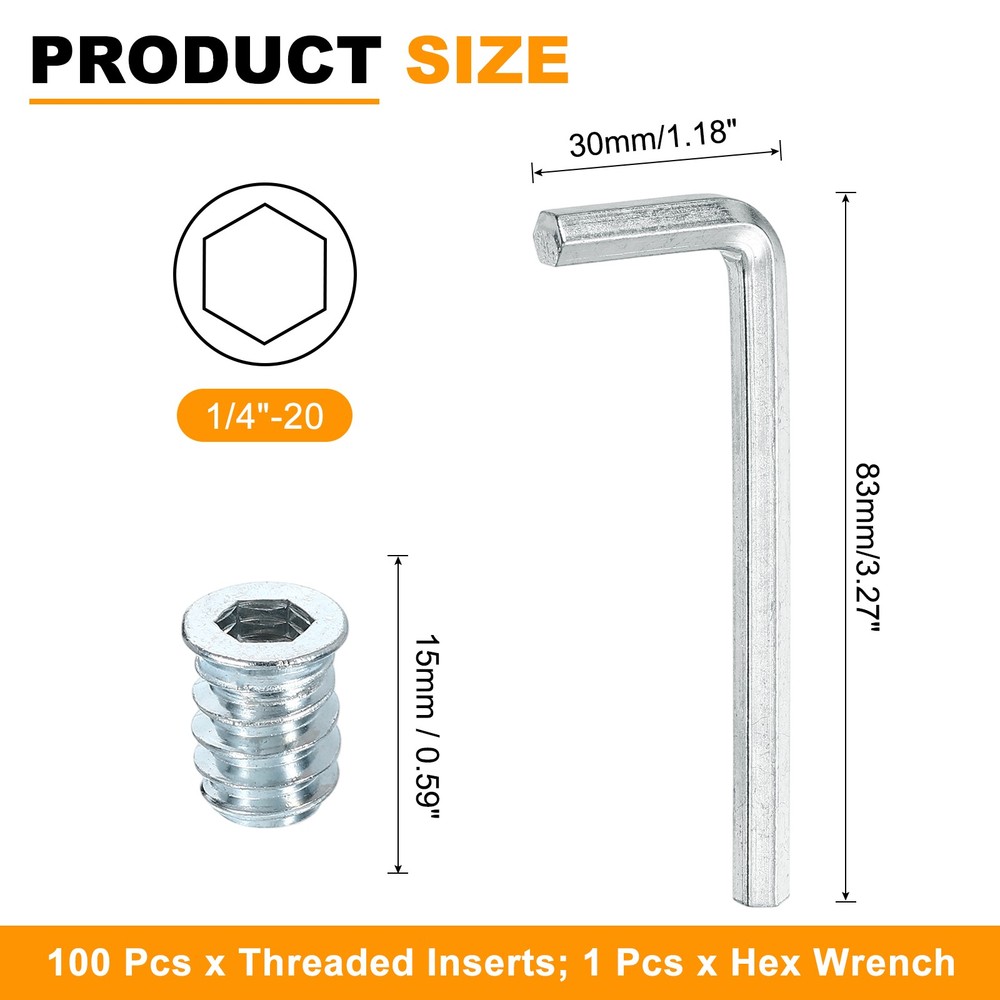 100 Pcs Threaded Insert for Wood, 1/4" - 20 Threaded Studs 15mm Length, Silver