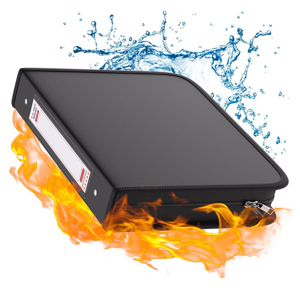 Fireproof Binder with Zipper 1.5 In D Ring Black for Document Storage