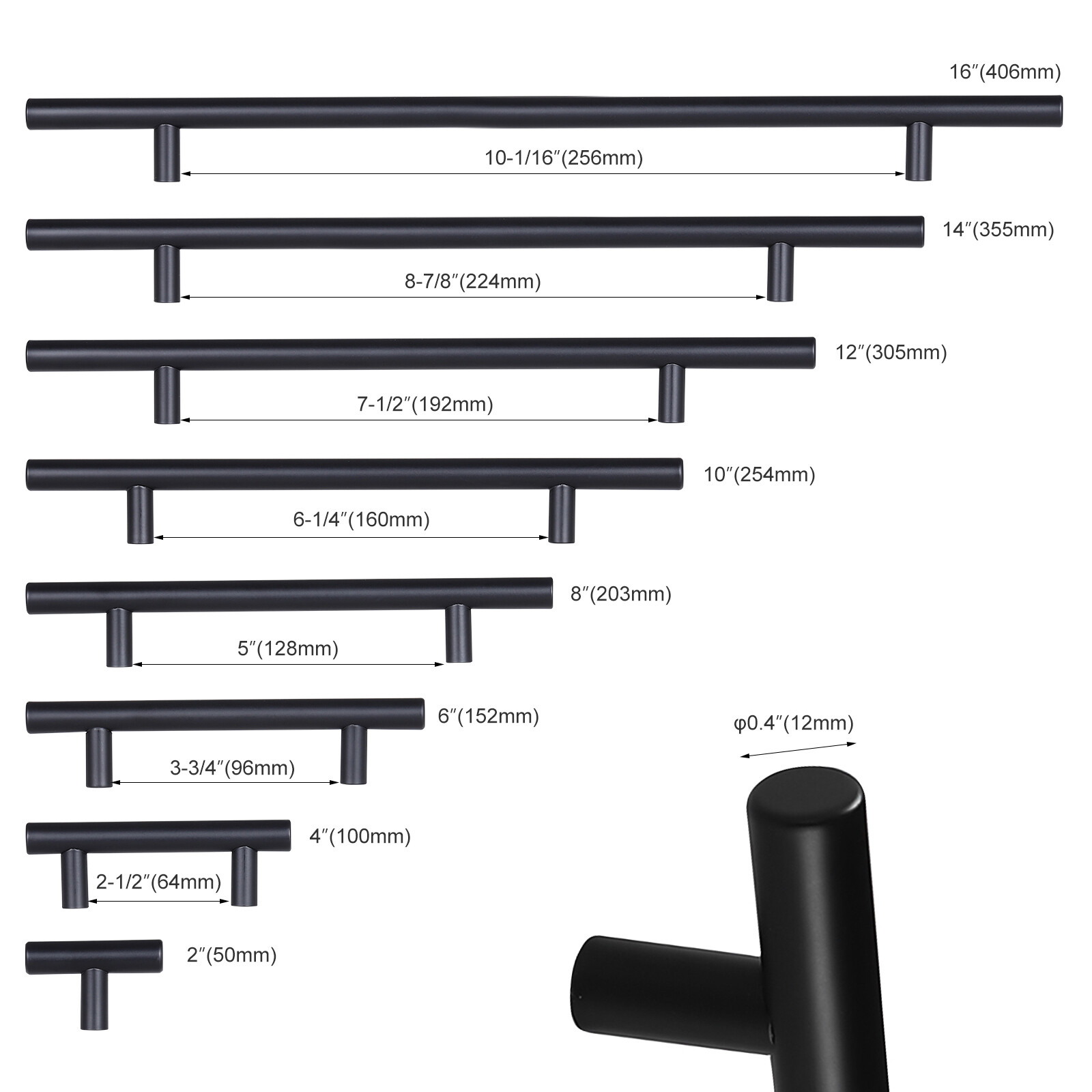 2" - 16" Matte Black Kitchen Cabinet Pulls Stainless Steel Drawer T Bar Handles