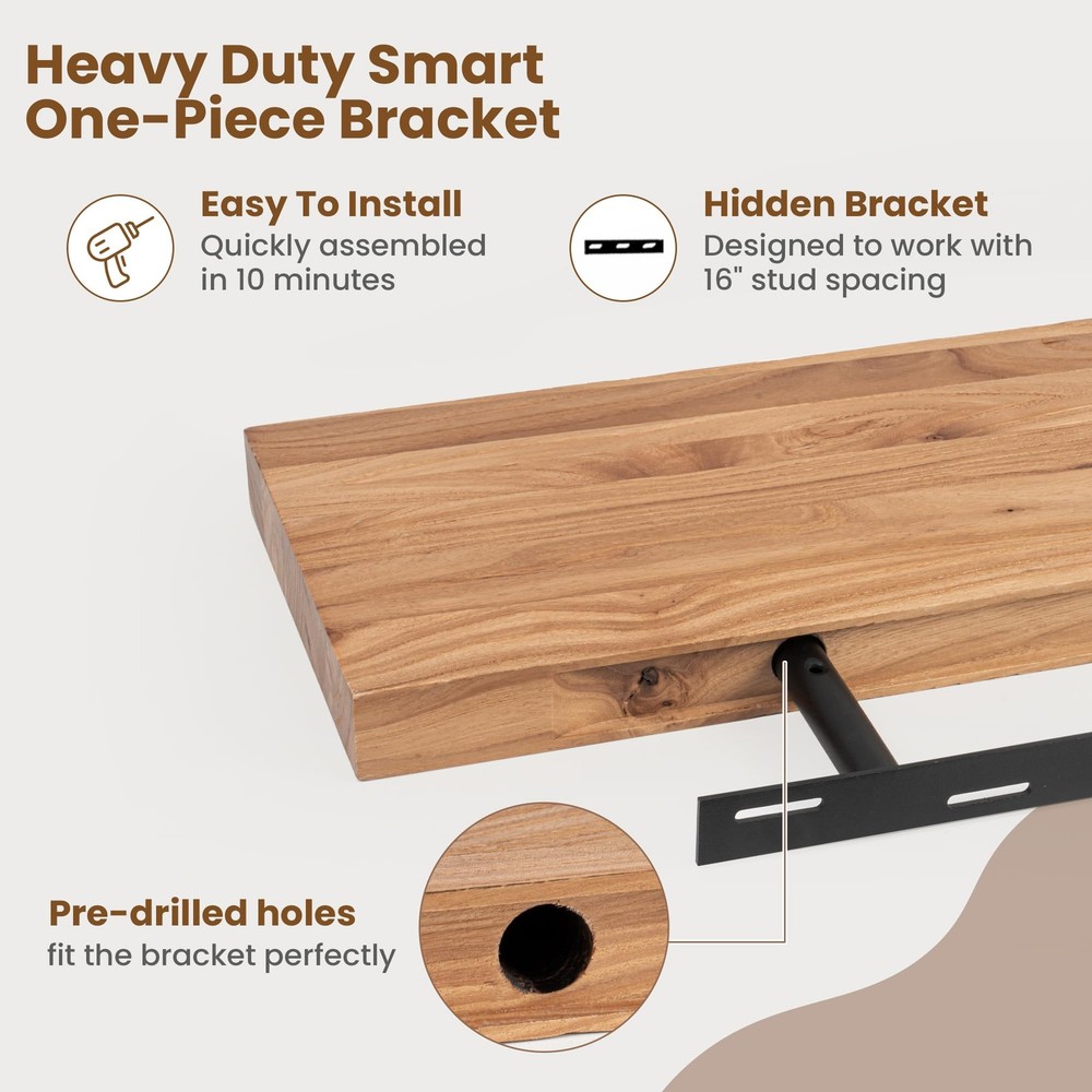 Floating Shelves for Wall Decor, 8" Deep Rustic Solid Elm Wood Floating Shelv...