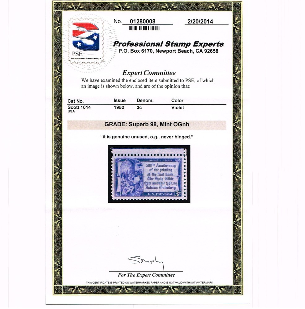 EXCEPTIONAL GENUINE SCOTT #1014 MINT PRISTINE OG NH PSE CERT GRADED SUPERB 98