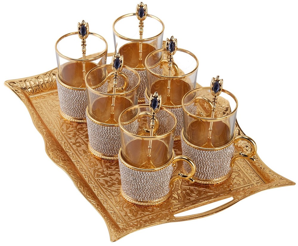 Engraved Turkish Tea and Coffee Serving Tray - Decorative Gold Rectangular Tr...