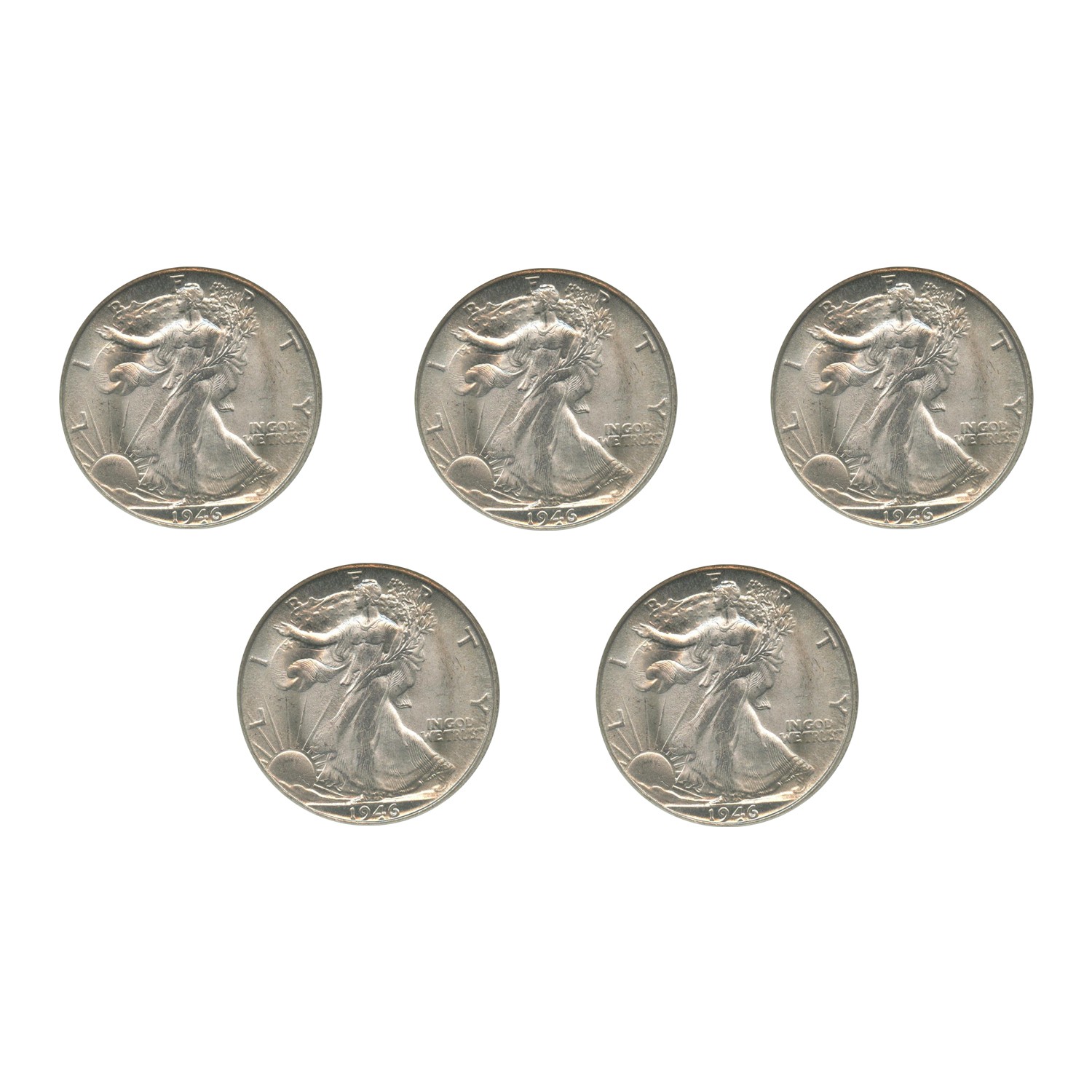 Count of 5 - Walking Liberty Half Dollar XF/VF Condition 90% Silver