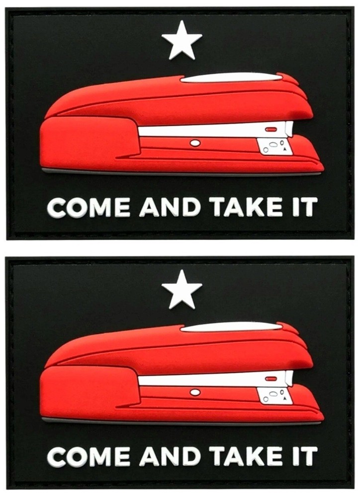 Red Stapler Come and Take It PVC Ruber Patch - 2PC  3" x 2"  HOOK BACKING