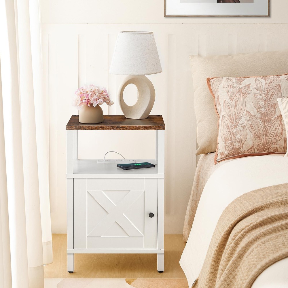 Nightstand Charging Station USB Type C Outlets Storage White Rustic Brown Table