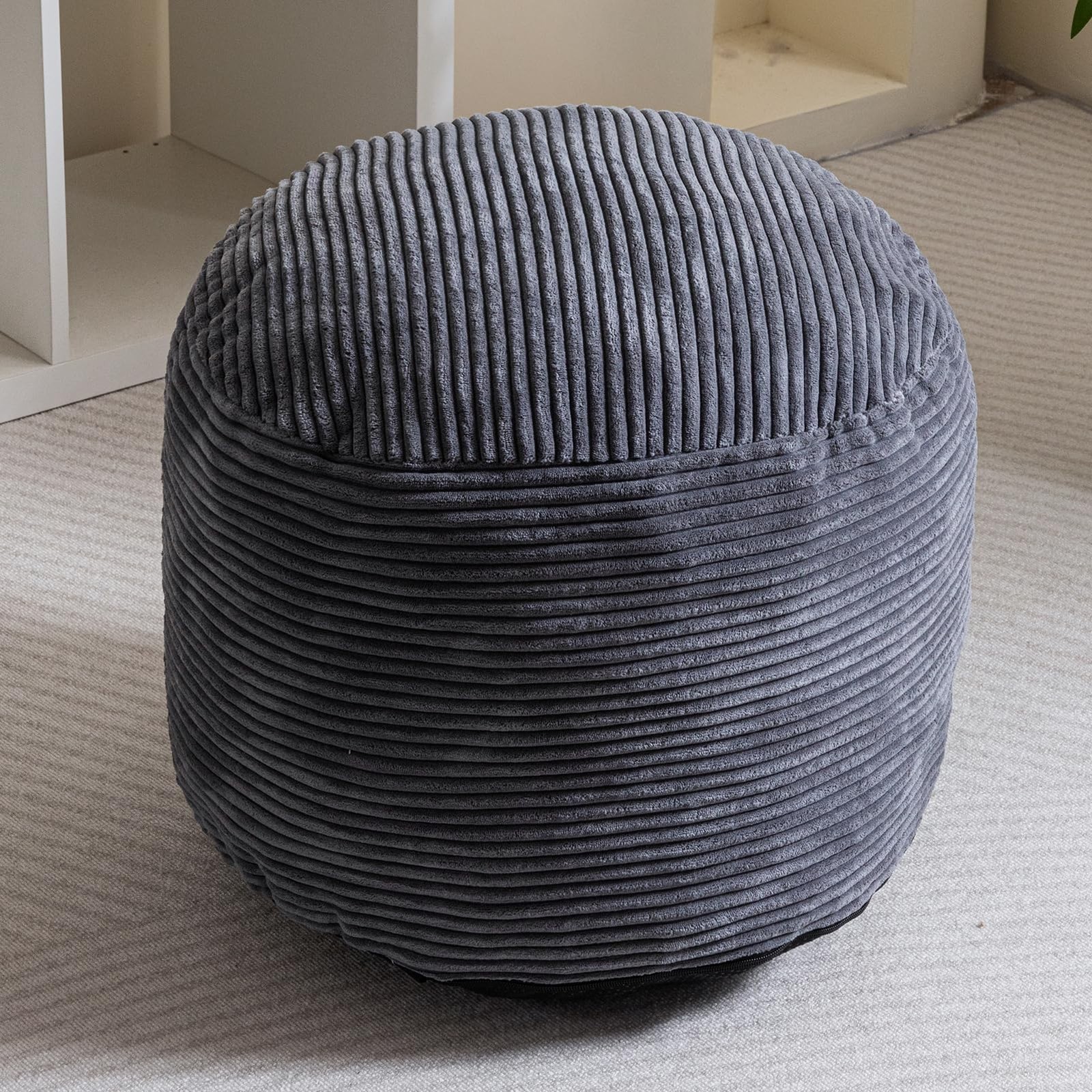 Round Stuffed Pouf Ottoman, Corduroy Poufs with Foam Chunk Filling, Furry and...