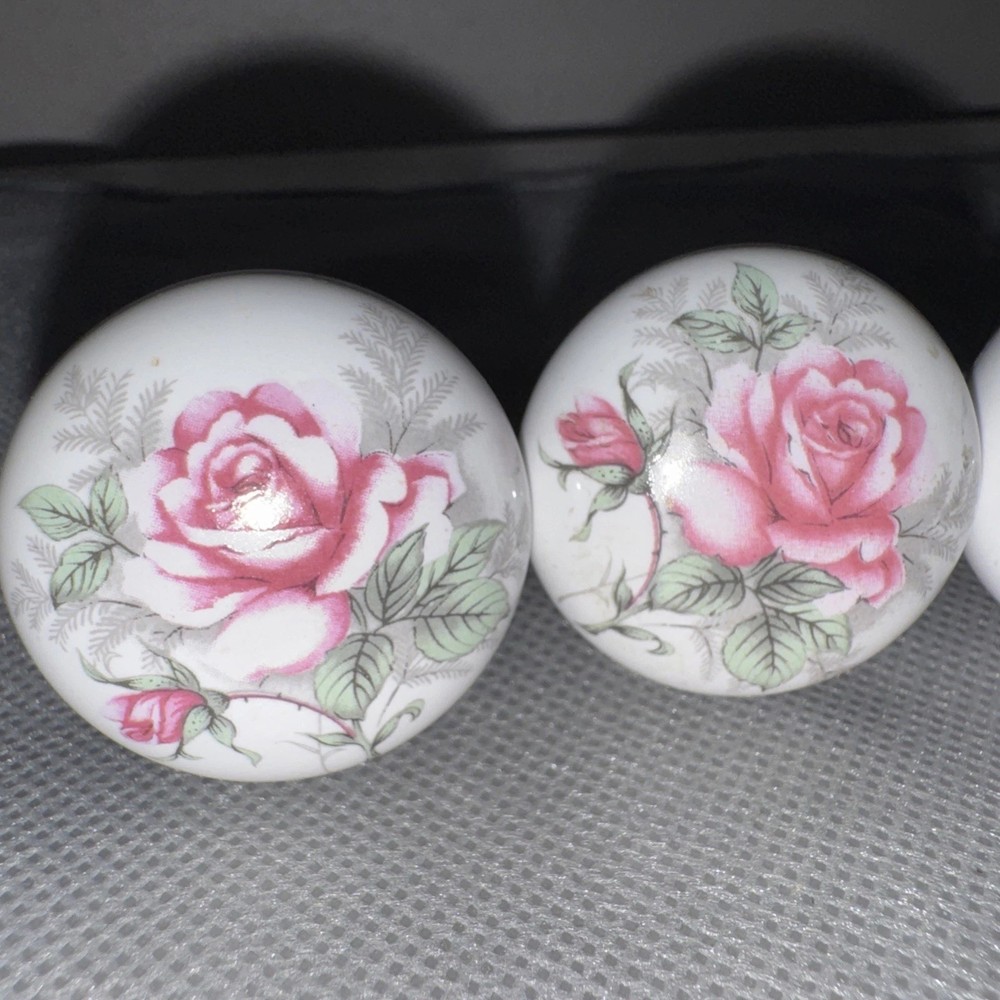 Vintage Porcelain Ceramic Drawer Cabinet Door Pull Knobs Pink Rose