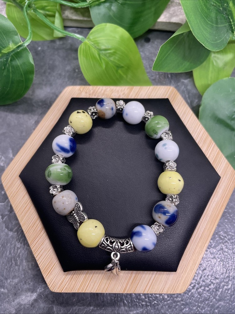 Handmade Ceramic Bead Beaded Stackable 6.25” Plus Stretch Bracelet New B210