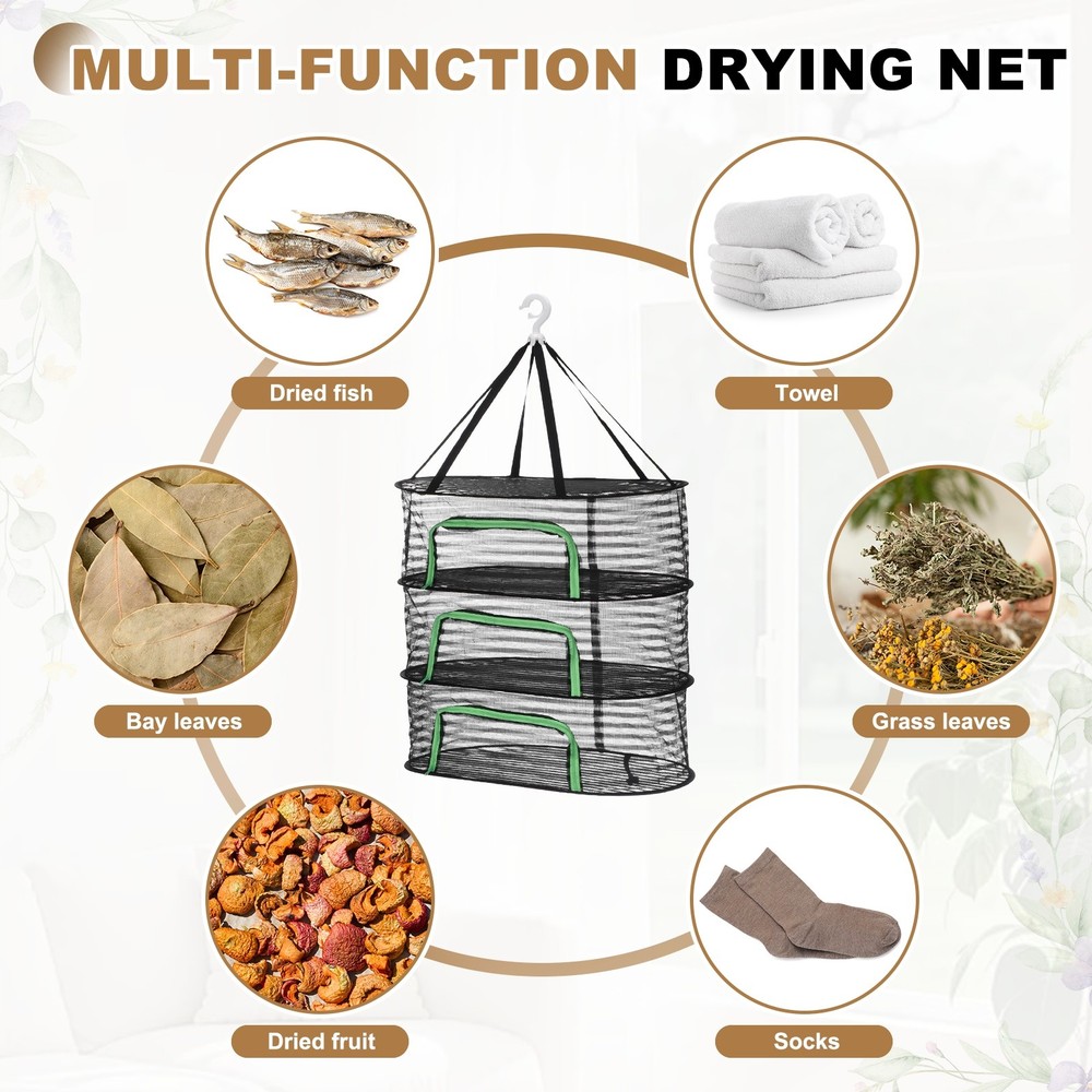 Herb Drying Rack, 24" 3-Layer Hanging Drying Mesh Net, Black