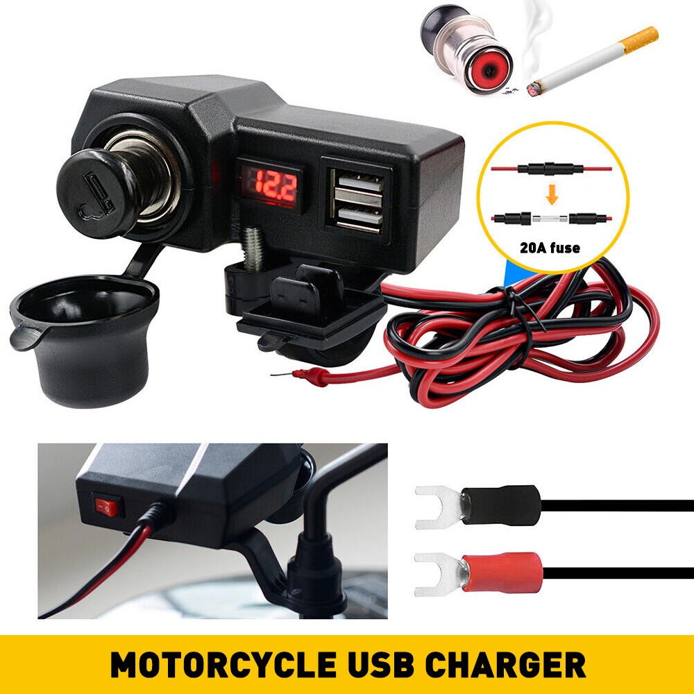 Motorcycle Waterproof Phone Power USB Voltmeter Cigarette Charger Lighter Socket