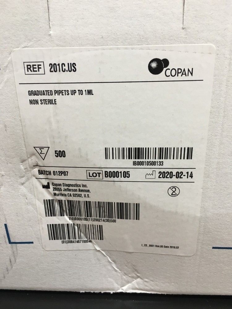 COPAN REF 201C Disposable Transfer Pipets Graduated 1mL Non Sterile